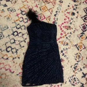 Primavera navy blue beaded homecoming dress with feather on shoulder